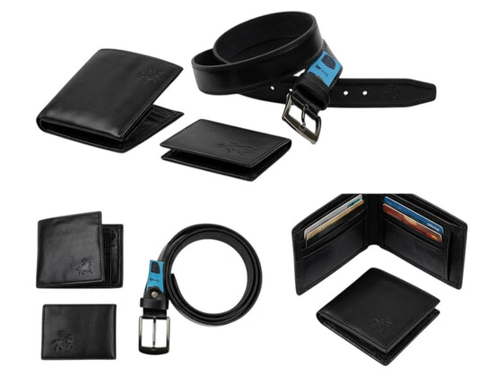 AdimBek black genuine leather belt and wallet set for men. Belt is 3.5cm wide with a metal buckle. Wallet has multiple card slots.